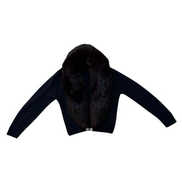 Vintage Orlon Black Cardigan M Fur Collar Rhinestone - Picture 5 of 8